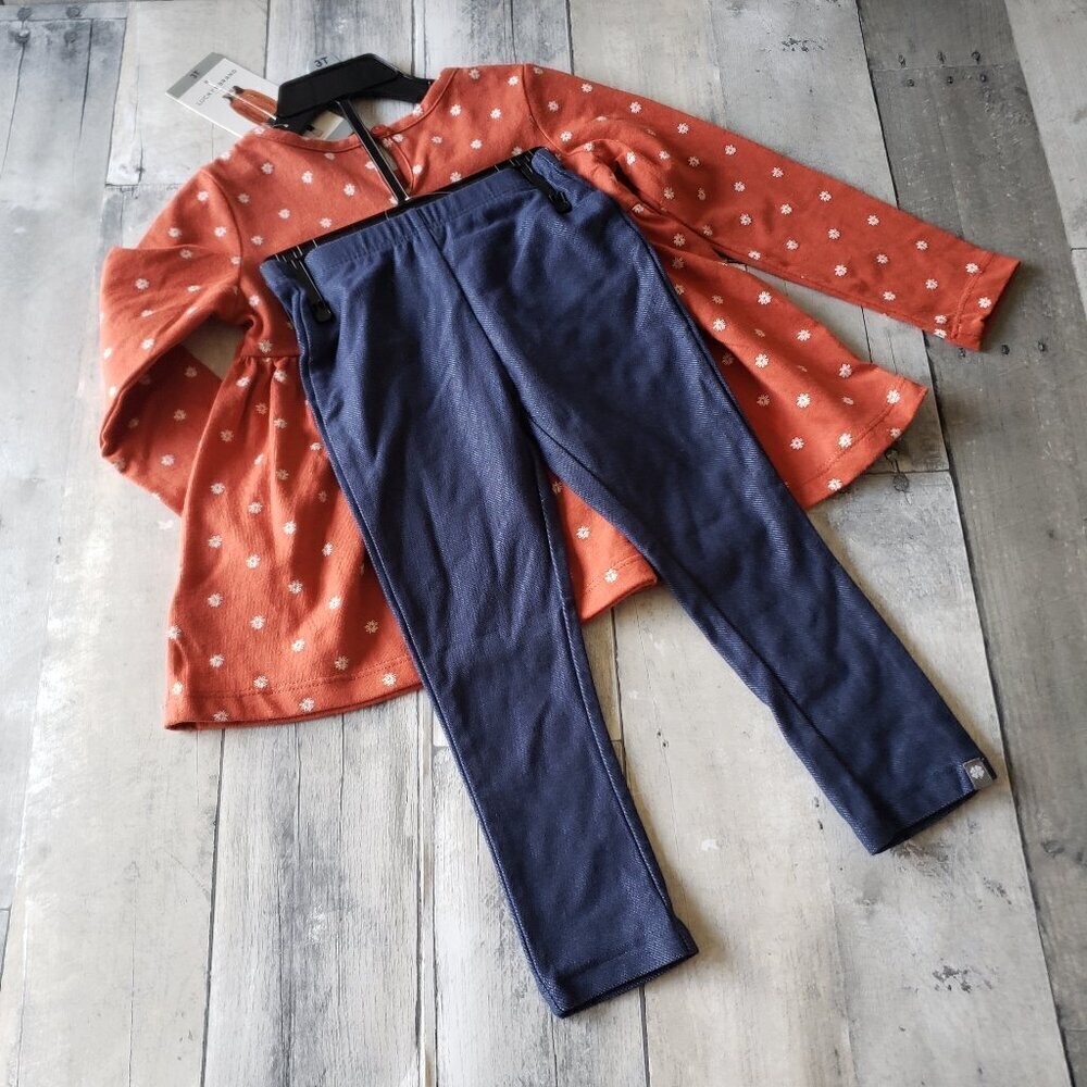 NWT - Lucky Brand 2 Piece Burnt Orange Floral Top with Denim Looking Leggings 3T - Picture 3 of 3